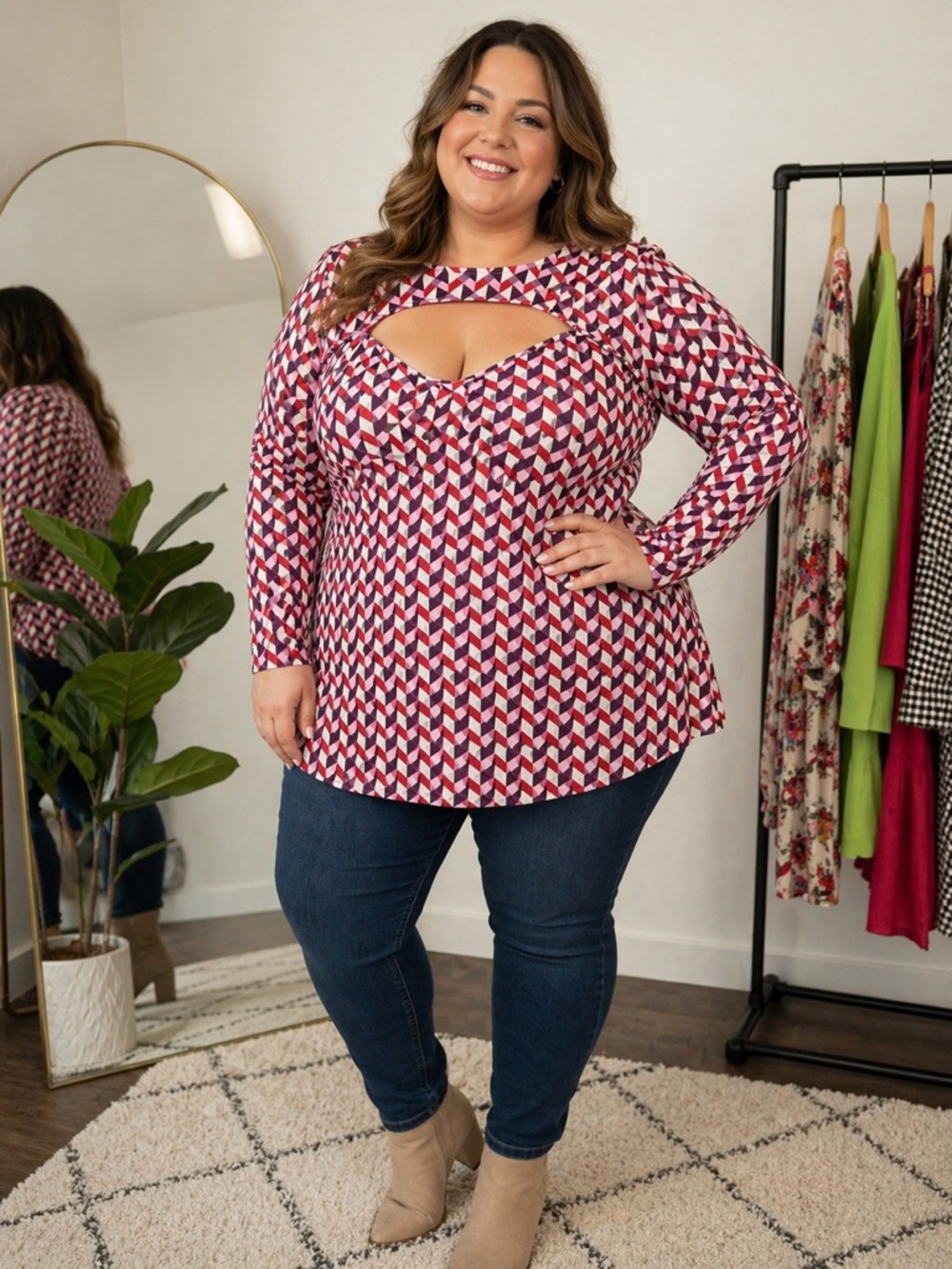 Eloquii Burgundy and White Geo Keyhole Long Sleeve Top *this top is sheer*